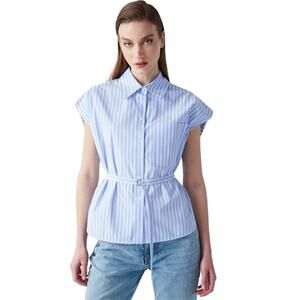 IPEKYOL Poplin Blouse Button Down w Belt Detail Blue White Size 42